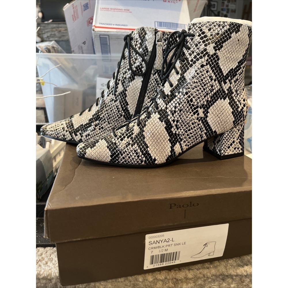Linea Paolo Santa Wedge Boot Black Snake Print Leather  7.5